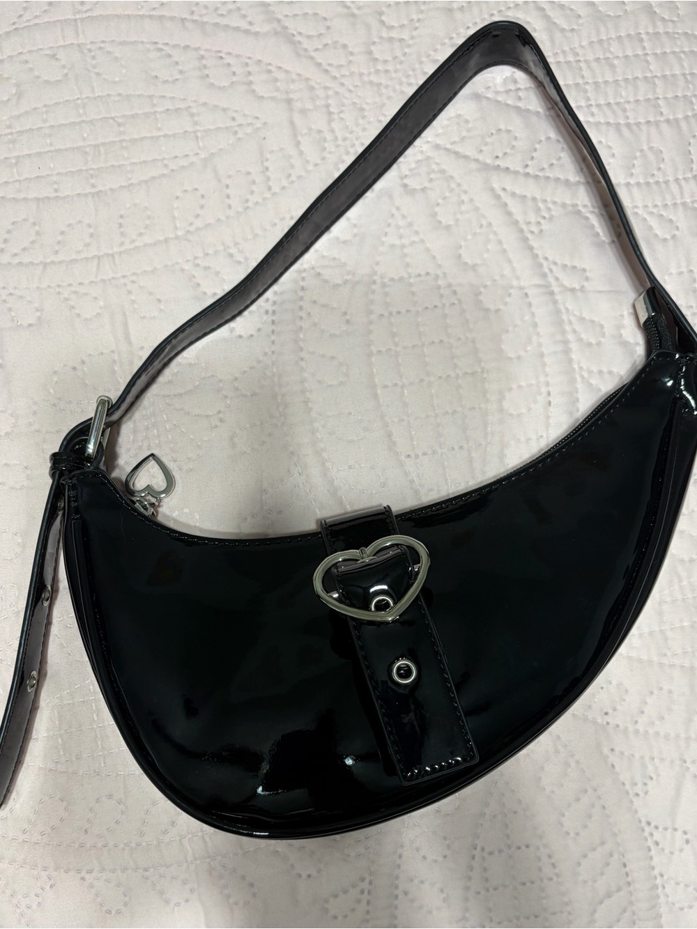 Black Patent Crescent Shoulder Bag with Heart Buckle